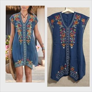 Embroidered Blue Dress boho Floral SZ M  tunic in blue colorful embroiled flower